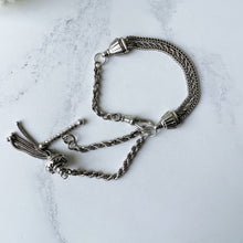 Carica l'immagine nel visualizzatore di Gallery, Victorian Sterling Silver Albertina Watch Chain Bracelet. Antique Etruscan Revival Fancy Link Chain Bracelet, Tassel Charm, T-Bar & Dog-Clip