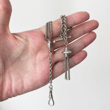 Carica l'immagine nel visualizzatore di Gallery, Victorian Sterling Silver Albertina Watch Chain Bracelet. Antique Etruscan Revival Fancy Link Chain Bracelet, Tassel Charm, T-Bar & Dog-Clip