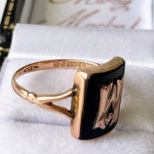 Load image into Gallery viewer, Art Deco 1934 Chester 9ct Gold Signet Ring. Vintage Rose Gold & Black Agate Baguette Ring. Initial 'M' Antique Gothic Signet Ring. Sz L/5.75