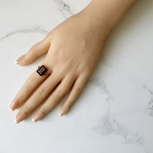 Load image into Gallery viewer, Art Deco 1934 Chester 9ct Gold Signet Ring. Vintage Rose Gold & Black Agate Baguette Ring. Initial 'M' Antique Gothic Signet Ring. Sz L/5.75