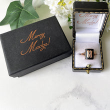 Load image into Gallery viewer, Art Deco 1934 Chester 9ct Gold Signet Ring. Vintage Rose Gold & Black Agate Baguette Ring. Initial 'M' Antique Gothic Signet Ring. Sz L/5.75