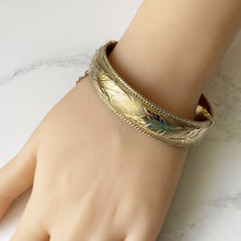 Carica l'immagine nel visualizzatore di Gallery, Vintage 1967 Harrods Of London Hard Gold Plated Sterling Silver Bracelet. Edwardian Style Engraved English Oak Leaf Gold Bangle Bracelet.