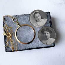 Carica l'immagine nel visualizzatore di Gallery, Edwardian Rolled Gold Picture Pendant With Portrait Photos. Antique Double Sided Glass Locket & Chain. Round Yellow Gold Locket Necklace.
