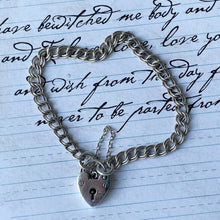 Carica l'immagine nel visualizzatore di Gallery, Vintage Sterling Silver Bracelet With Love Heart Padlock Clasp. Double Curb Chain Charm Bracelet. Silver Engagement Sweetheart Bracelet