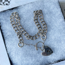 Carica l'immagine nel visualizzatore di Gallery, Vintage Sterling Silver Bracelet With Love Heart Padlock Clasp. Double Curb Chain Charm Bracelet. Silver Engagement Sweetheart Bracelet