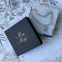 Carica l'immagine nel visualizzatore di Gallery, Vintage Sterling Silver Bracelet With Love Heart Padlock Clasp. Double Curb Chain Charm Bracelet. Silver Engagement Sweetheart Bracelet