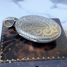 Carica l'immagine nel visualizzatore di Gallery, Antique Victorian Large Sterling Silver Locket. Aesthetic Engraved Rose & Arabesque 2-Sided Oval Locket. Edwardian Locket With Period Photo