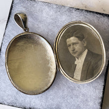 Carica l'immagine nel visualizzatore di Gallery, Antique Victorian Large Sterling Silver Locket. Aesthetic Engraved Rose & Arabesque 2-Sided Oval Locket. Edwardian Locket With Period Photo