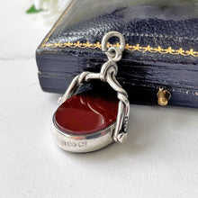Carica l'immagine nel visualizzatore di Gallery, Antique Victorian Silver Spinner Fob Pendant. Scottish Bloodstone & Carnelian Watch Chain Fob Hallmarked 1887. Victorian Necklace Pendant.