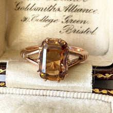 Carica l'immagine nel visualizzatore di Gallery, Antique Victorian 9ct Gold Scottish Citrine Ring. 4.50ct Baguette Cut Golden Brown Citrine Solitaire Ring. Rose Gold Scottish Cairngorm Ring