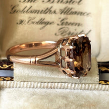 Carica l'immagine nel visualizzatore di Gallery, Antique Victorian 9ct Gold Scottish Citrine Ring. 4.50ct Baguette Cut Golden Brown Citrine Solitaire Ring. Rose Gold Scottish Cairngorm Ring