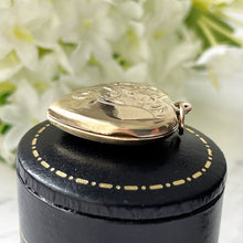 Carica l'immagine nel visualizzatore di Gallery, Antique Edwardian 9ct Gold Heart Locket Pendant. Floral Engraved 9ct Gold Back & Front Photo Locket. Antique Yellow Gold Love Heart Locket