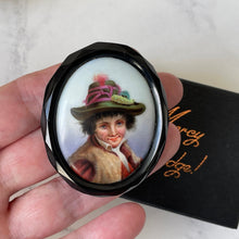 Carica l'immagine nel visualizzatore di Gallery, Antique Victorian Whitby Jet Large Portrait Brooch. Carved English Jet Hand-Painted "Tyrolean Boy" Oval Brooch. Victorian Jet Jewelry c1860