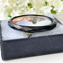 Carica l'immagine nel visualizzatore di Gallery, Antique Victorian Whitby Jet Large Portrait Brooch. Carved English Jet Hand-Painted "Tyrolean Boy" Oval Brooch. Victorian Jet Jewelry c1860