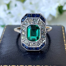 Carica l'immagine nel visualizzatore di Gallery, 1920s Art Deco Paste Emerald, Sapphire & Diamond Ring. Antique 9ct Gold Square Emerald Cut Cocktail/Dress/Engagement Ring, Size N or 6-3/4