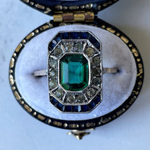 Carica l'immagine nel visualizzatore di Gallery, 1920s Art Deco Paste Emerald, Sapphire & Diamond Ring. Antique 9ct Gold Square Emerald Cut Cocktail/Dress/Engagement Ring, Size N or 6-3/4