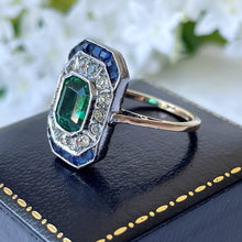 Carica l'immagine nel visualizzatore di Gallery, 1920s Art Deco Paste Emerald, Sapphire & Diamond Ring. Antique 9ct Gold Square Emerald Cut Cocktail/Dress/Engagement Ring, Size N or 6-3/4