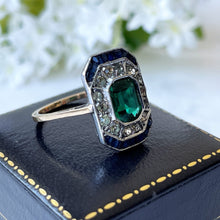 Carica l'immagine nel visualizzatore di Gallery, 1920s Art Deco Paste Emerald, Sapphire & Diamond Ring. Antique 9ct Gold Square Emerald Cut Cocktail/Dress/Engagement Ring, Size N or 6-3/4