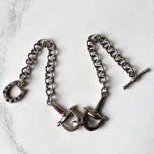 Carica l'immagine nel visualizzatore di Gallery, Vintage Sterling Silver Horseshoe & Bridle Bit Bracelet. Equestrian Snaffle Bracelet. British Millennium Silver Fancy Chain Link Bracelet.