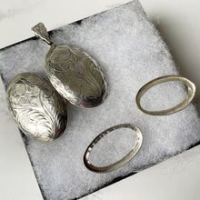 Cargar imagen en el visor de la galería, Vintage 1980s Floral Engraved Sterling Silver Locket. English Edwardian Revival Slim Oval Photo Frame Locket, Optional Sterling Silver Chain