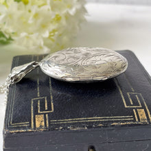 Cargar imagen en el visor de la galería, Vintage 1980s Floral Engraved Sterling Silver Locket. English Edwardian Revival Slim Oval Photo Frame Locket, Optional Sterling Silver Chain