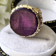 Carica l'immagine nel visualizzatore di Gallery, Georgian 18ct Gold Intaglio Seal Fob "Good Night, All's Well" Antique Carved Amethyst Glass Musical Wax Seal Pendant Fob. Georgian Jewellery