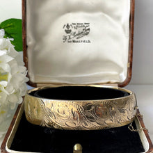 Carica l'immagine nel visualizzatore di Gallery, Vintage 22ct Gold On Silver Engraved Bangle, Boxed. British Hallmarked 1966 Sterling Silver Hinged Cuff Wide Bracelet