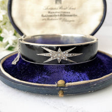 Carica l'immagine nel visualizzatore di Gallery, Victorian Silver & Black Enamel Pearl Star Mourning Bracelet Cuff. Antique Engraved "Gott Mit Dir"- God Be With You- Sterling Silver Bangle.