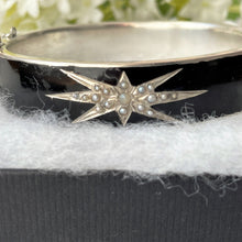 Carica l'immagine nel visualizzatore di Gallery, Victorian Silver & Black Enamel Pearl Star Mourning Bracelet Cuff. Antique Engraved "Gott Mit Dir"- God Be With You- Sterling Silver Bangle.