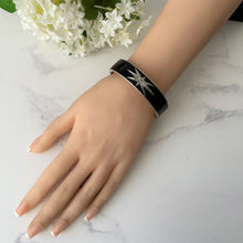 Carica l'immagine nel visualizzatore di Gallery, Victorian Silver & Black Enamel Pearl Star Mourning Bracelet Cuff. Antique Engraved "Gott Mit Dir"- God Be With You- Sterling Silver Bangle.