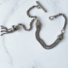 Carica l'immagine nel visualizzatore di Gallery, Victorian Sterling Silver Albertina Watch Chain Bracelet. Antique Etruscan Revival Fancy Link Chain Bracelet, Tassel Charm, T-Bar & Dog-Clip