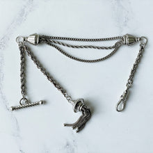 Carica l'immagine nel visualizzatore di Gallery, Victorian Sterling Silver Albertina Watch Chain Bracelet. Antique Etruscan Revival Fancy Link Chain Bracelet, Tassel Charm, T-Bar & Dog-Clip