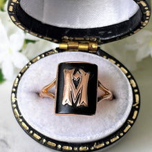 Load image into Gallery viewer, Art Deco 1934 Chester 9ct Gold Signet Ring. Vintage Rose Gold & Black Agate Baguette Ring. Initial 'M' Antique Gothic Signet Ring. Sz L/5.75
