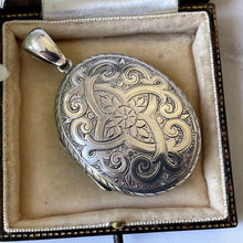 Carica l'immagine nel visualizzatore di Gallery, Antique Victorian Large Sterling Silver Locket. Aesthetic Engraved Rose & Arabesque 2-Sided Oval Locket. Edwardian Locket With Period Photo