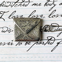 Carica l'immagine nel visualizzatore di Gallery, Vintage English Silver Stamp Case Pendant. Engraved Miniature Envelope Stamp Holder. Edwardian/Victorian Style Love Letter Keepsake Locket.