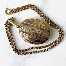 Carica l'immagine nel visualizzatore di Gallery, Antique Victorian Gold Pinchbeck Large Locket Necklace. Engraved Puffy Keepsake/Photo Locket. Book Chain Locket & Belcher Chain, Circa 1850.