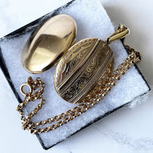 Carica l'immagine nel visualizzatore di Gallery, Antique Victorian Gold Pinchbeck Large Locket Necklace. Engraved Puffy Keepsake/Photo Locket. Book Chain Locket & Belcher Chain, Circa 1850.