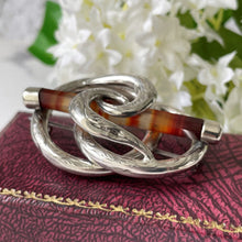 Carica l'immagine nel visualizzatore di Gallery, Victorian Scottish Silver Banded Agate Ouroboros Snake Brooch. Antique Lovers Knot/Eternity Celtic Brooch. Victorian Scottish Pebble Jewelry