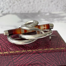 Carica l'immagine nel visualizzatore di Gallery, Victorian Scottish Silver Banded Agate Ouroboros Snake Brooch. Antique Lovers Knot/Eternity Celtic Brooch. Victorian Scottish Pebble Jewelry