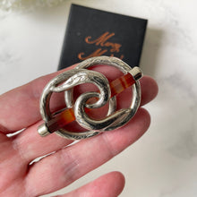 Carica l'immagine nel visualizzatore di Gallery, Victorian Scottish Silver Banded Agate Ouroboros Snake Brooch. Antique Lovers Knot/Eternity Celtic Brooch. Victorian Scottish Pebble Jewelry