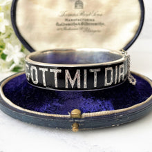 Carica l'immagine nel visualizzatore di Gallery, Victorian Silver & Black Enamel Pearl Star Mourning Bracelet Cuff. Antique Engraved "Gott Mit Dir"- God Be With You- Sterling Silver Bangle.