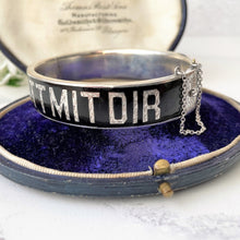 Carica l'immagine nel visualizzatore di Gallery, Victorian Silver & Black Enamel Pearl Star Mourning Bracelet Cuff. Antique Engraved "Gott Mit Dir"- God Be With You- Sterling Silver Bangle.