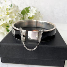 Carica l'immagine nel visualizzatore di Gallery, Victorian Silver & Black Enamel Pearl Star Mourning Bracelet Cuff. Antique Engraved "Gott Mit Dir"- God Be With You- Sterling Silver Bangle.