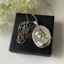 Carica l'immagine nel visualizzatore di Gallery, Vintage Sterling Silver Classical Greek Maiden Portrait Locket. Large Oval Repousse Locket Pendant & Chain. Art Nouveau Style Necklace