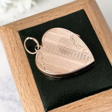 Carica l'immagine nel visualizzatore di Gallery, Antique Solid 9ct Rose Gold Heart Locket. Edwardian 2-Sided Guilloche Engraved Heart Locket Pendant. Antique Gold Love Token Jewelry.