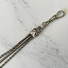 Carica l'immagine nel visualizzatore di Gallery, Victorian Sterling Silver Albertina Watch Chain Bracelet. Antique Neoclassical Fancy Link Sterling Chain Bracelet, Tassel Charm & Dog-Clip
