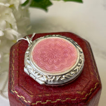 Carica l'immagine nel visualizzatore di Gallery, Vintage Art Deco English Silver Guilloche Enamel Locket. Ribbon Engraved Pink Enamel Flower Locket. 1940s Round Photo Locket & Chain.