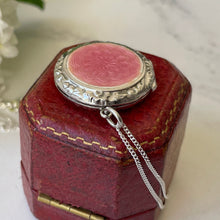 Carica l'immagine nel visualizzatore di Gallery, Vintage Art Deco English Silver Guilloche Enamel Locket. Ribbon Engraved Pink Enamel Flower Locket. 1940s Round Photo Locket & Chain.