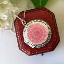 Carica l'immagine nel visualizzatore di Gallery, Vintage Art Deco English Silver Guilloche Enamel Locket. Ribbon Engraved Pink Enamel Flower Locket. 1940s Round Photo Locket & Chain.