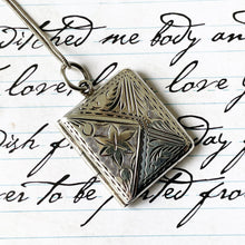 Carica l'immagine nel visualizzatore di Gallery, Vintage English Silver Stamp Case Pendant. Engraved Miniature Envelope Stamp Holder. Edwardian/Victorian Style Love Letter Keepsake Locket.